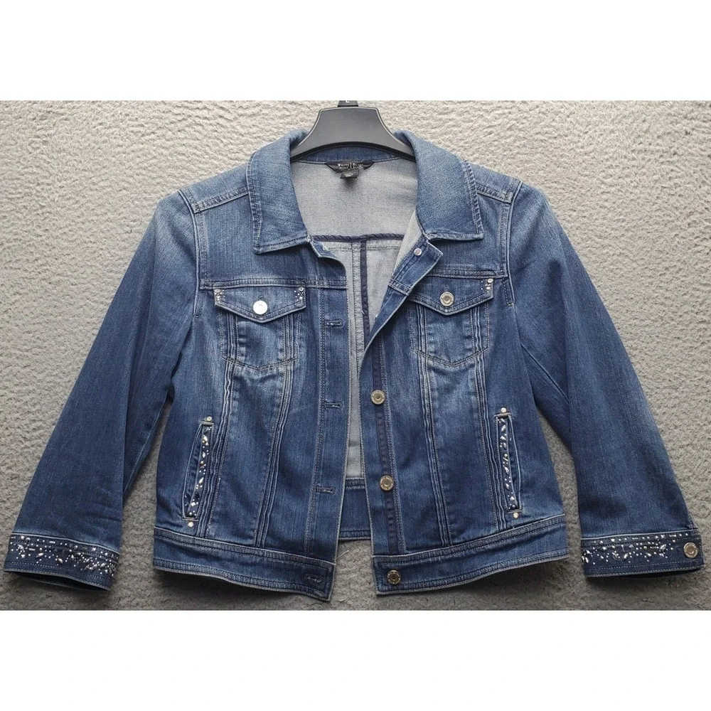 White House Black Market Trucker Jacket Womens 14 Blue Cuff Beaded Embellished